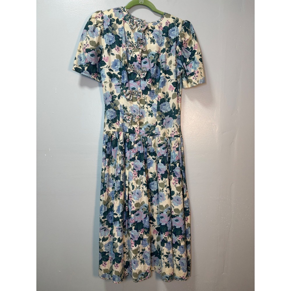 Vintage You Babes Floral Cotton Midi Dress Blue Pink Bow Back Size 7 4237-22C3